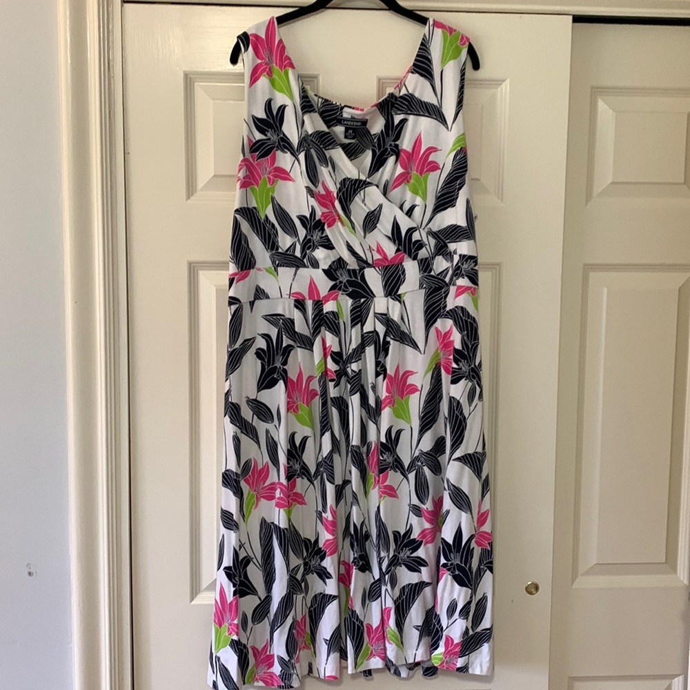 Summer dress from Lands End with pops of pink and green